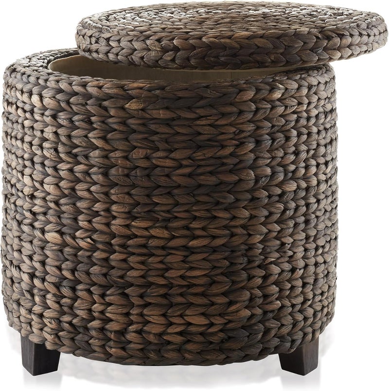 Casafield 17" Round Storage Ottoman with Lid - Espresso, Handwoven Water Hyacinth Footstool for Living Room, Bedroom, Bathroom, Home Office - Image 5